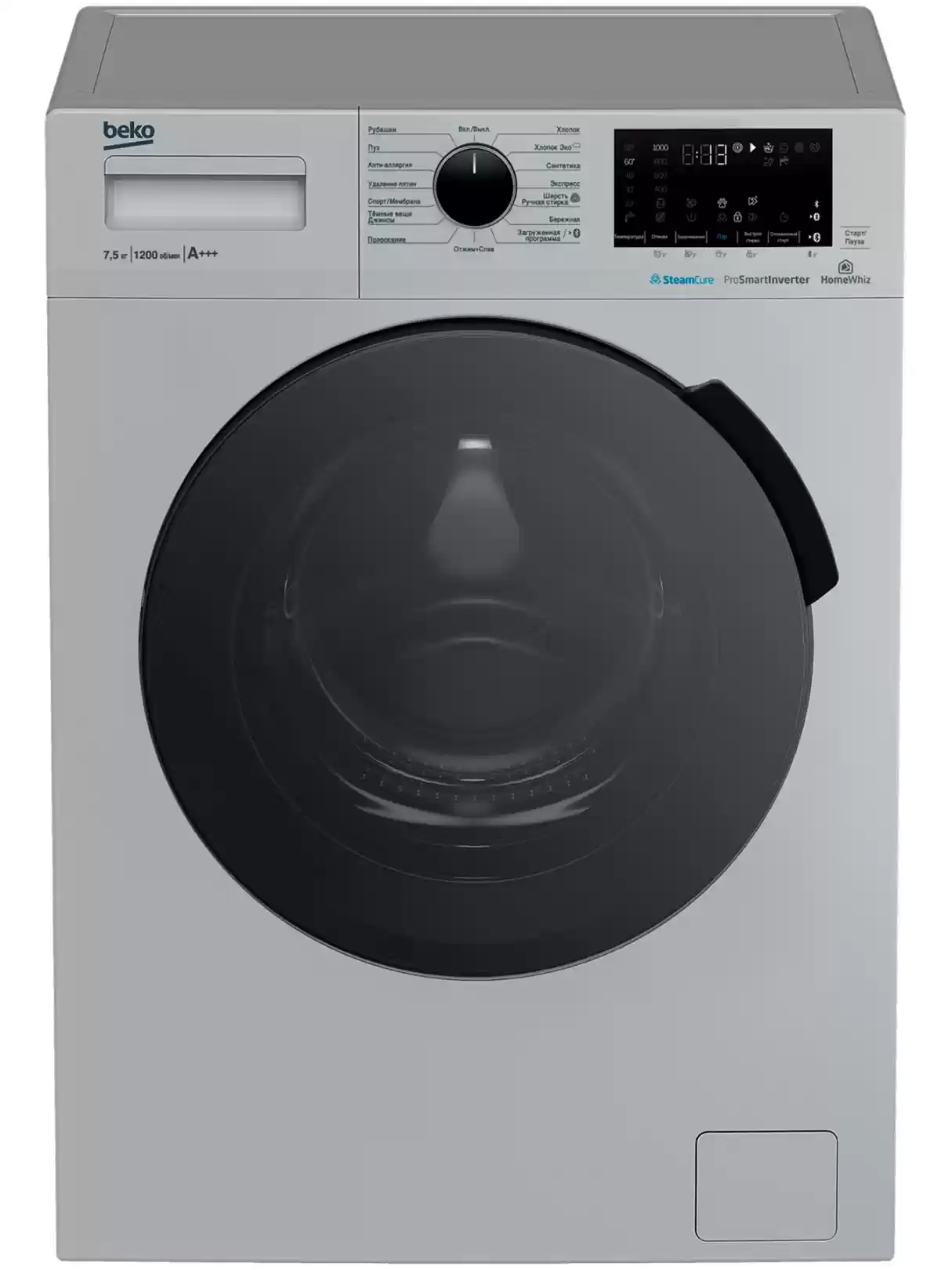 Стиральная машина Beko WSPE7H616S (49см / 7,5кг / 1200об / пар SteamCure™ / HomeWhiz®(Bluetooth) / Инверторный мотор ProSmart™ / Серебристый / A+++)-0