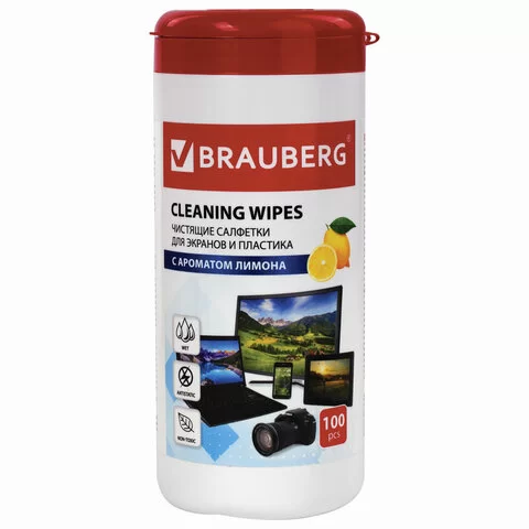 Салфетки BRAUBERG для экранов всех типов и пластика с ароматом "ЛИМОН", туба 100 шт., влажные, 511688-0