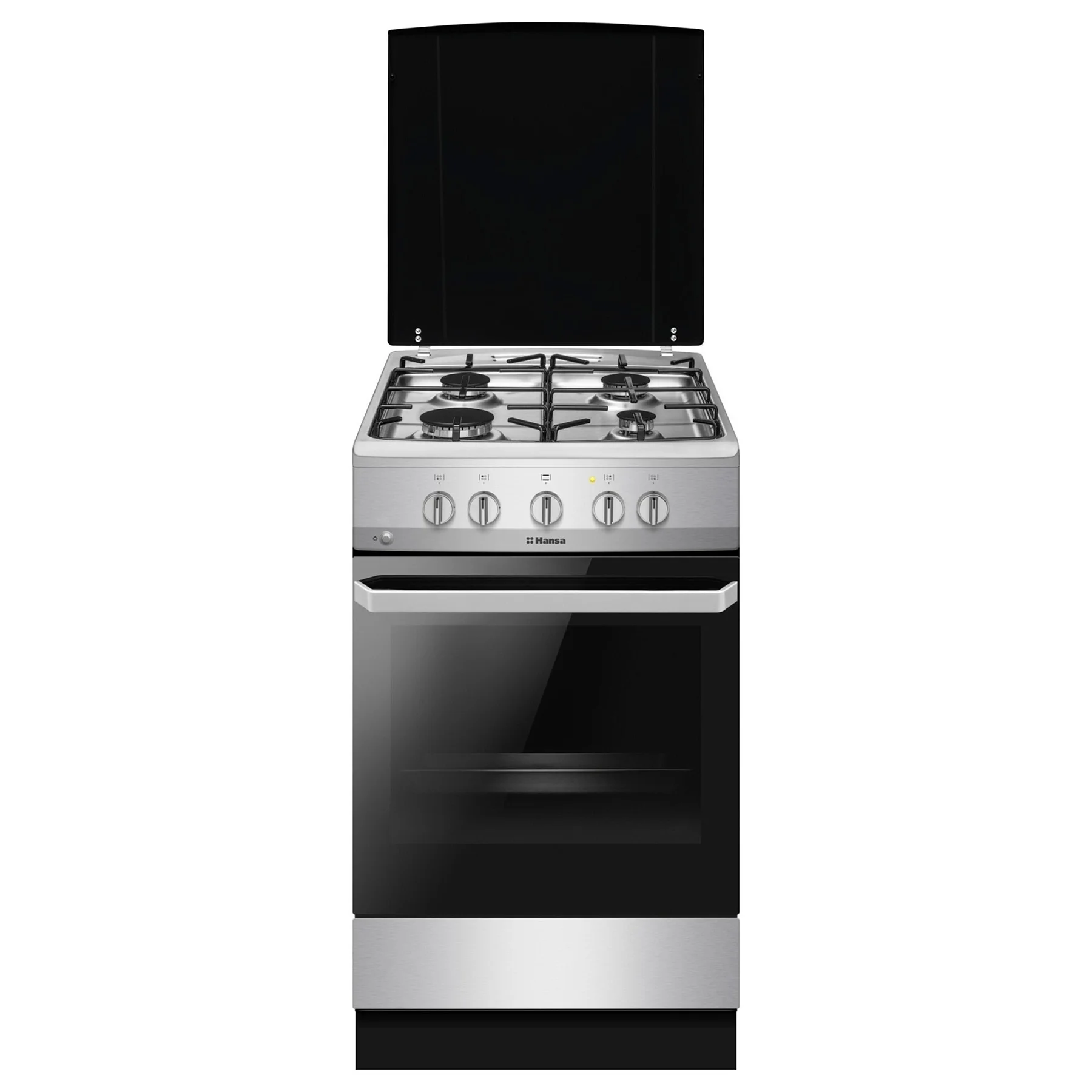 Плита газовая Hansa FCGX58099 (Нерж.сталь / духовка - 71 л / 4 газовые конфорки / чугун. решетки / металл. крышка / газконтроль / эл.поджиг)-0