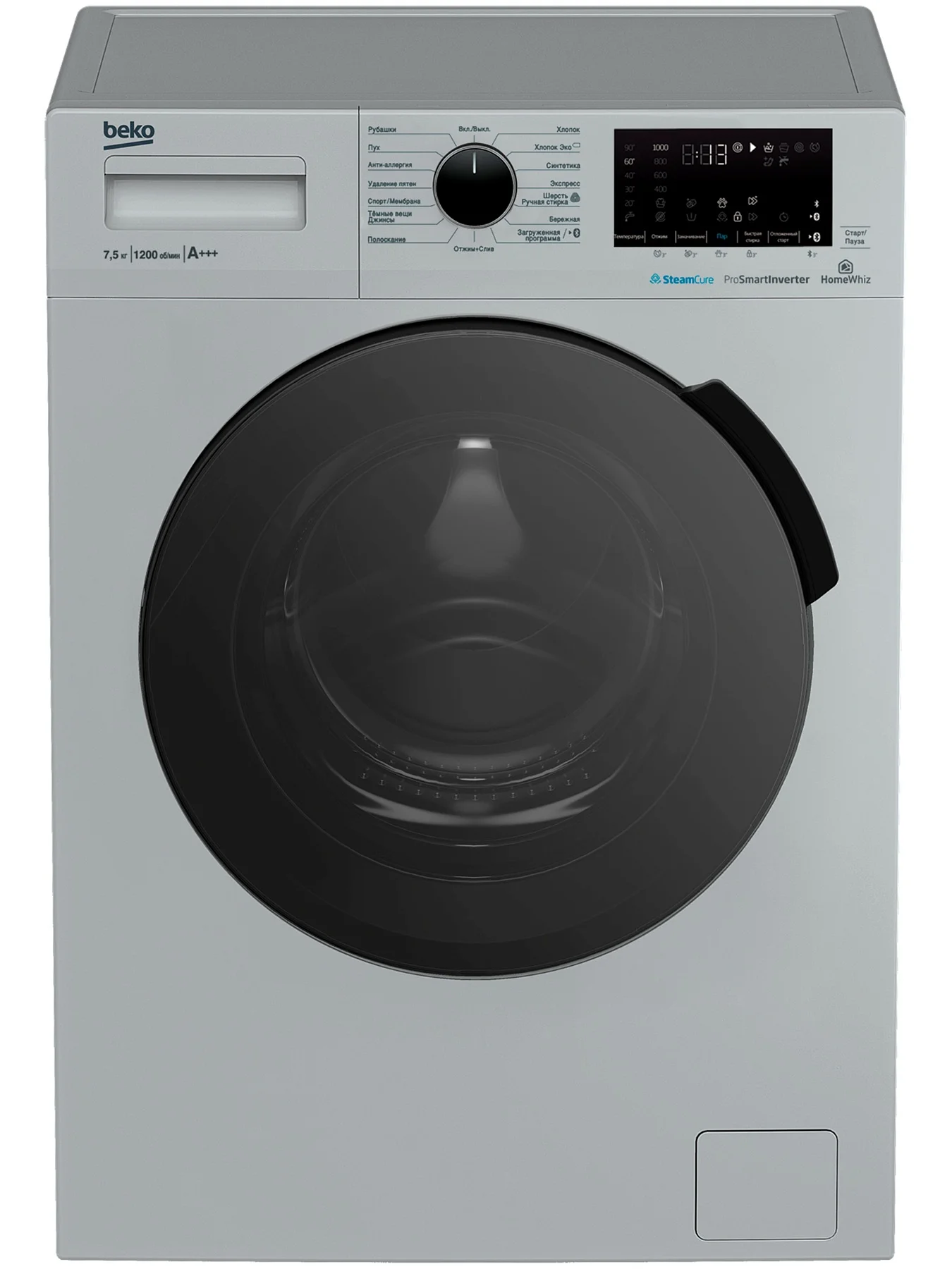 Стиральная машина Beko WSPE7H616S (45-49см / 7,5кг / 1200об / пар SteamCure / HomeWhiz®(Bluetooth) / Инверторный мотор ProSmart™ / Серебристый / A+++)-0