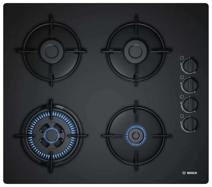 Поверхность газовая Bosch POH6B6B10 (Serie2 / Чёрное стекло / Стальные решетки / Газ-контроль / Электроподжиг / WOK / 4 конфорки)-0
