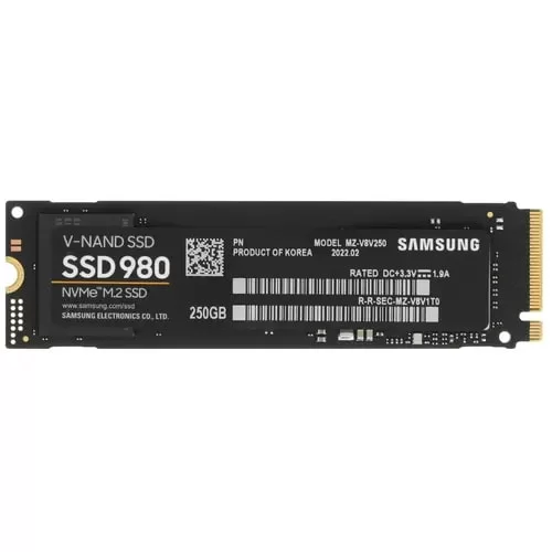 Жесткий диск SSD M.2 250 ГБ Samsung 980 NVMe PCI-E 3.0 x4, TLC, R2900/W1300 МБ/с, 2280, 150 TBW (MZ-V8V250BW)-0