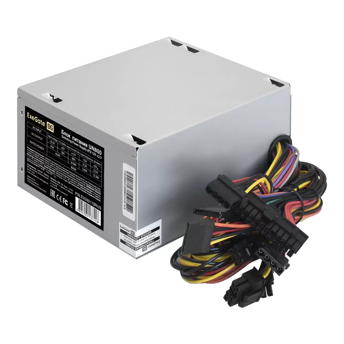Блок питания ExeGate 800W UN800 ATX (кабель 220V в комплекте), 12cm fan, 24pin, 2x(4+4)pin, PCI-E, 3xSATA, 2xIDE EX292179RUS-PC-0
