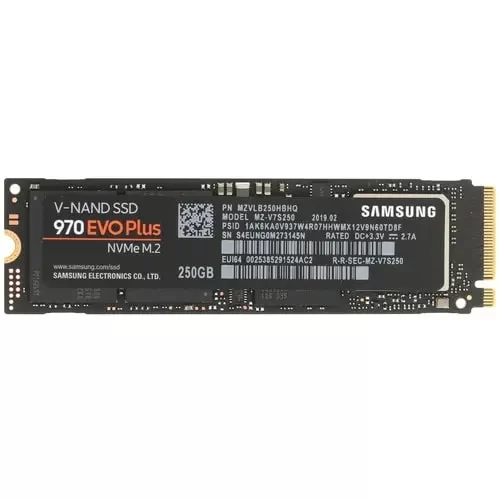 Жесткий диск SSD M.2 250 ГБ Samsung 970 EVO Plus NVMe PCI-E 3.0 x4, TLC, R3500/W2300 МБ/с, 2280, 150 TBW (MZ-V7S250BW)-0