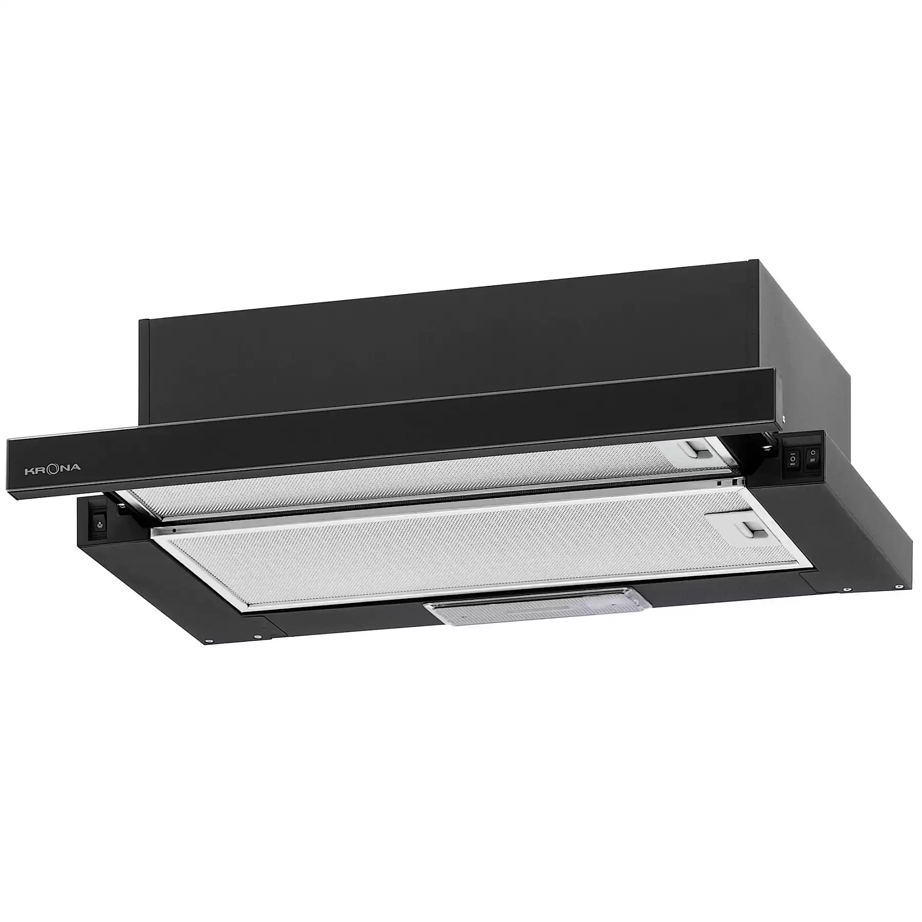Вытяжка телескопическая KRONA KAMILLA 600 AIR 2B (1066 м³/ч / 2*90 Вт / галогенная лампа 1x28 Вт / ширина - 60 см / черный / стекло)-0