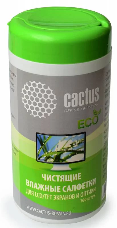 Чистящие салфетки в пластиковой тубе Cactus 100шт для  экранов и оптики  (CS-T1001Е)-0