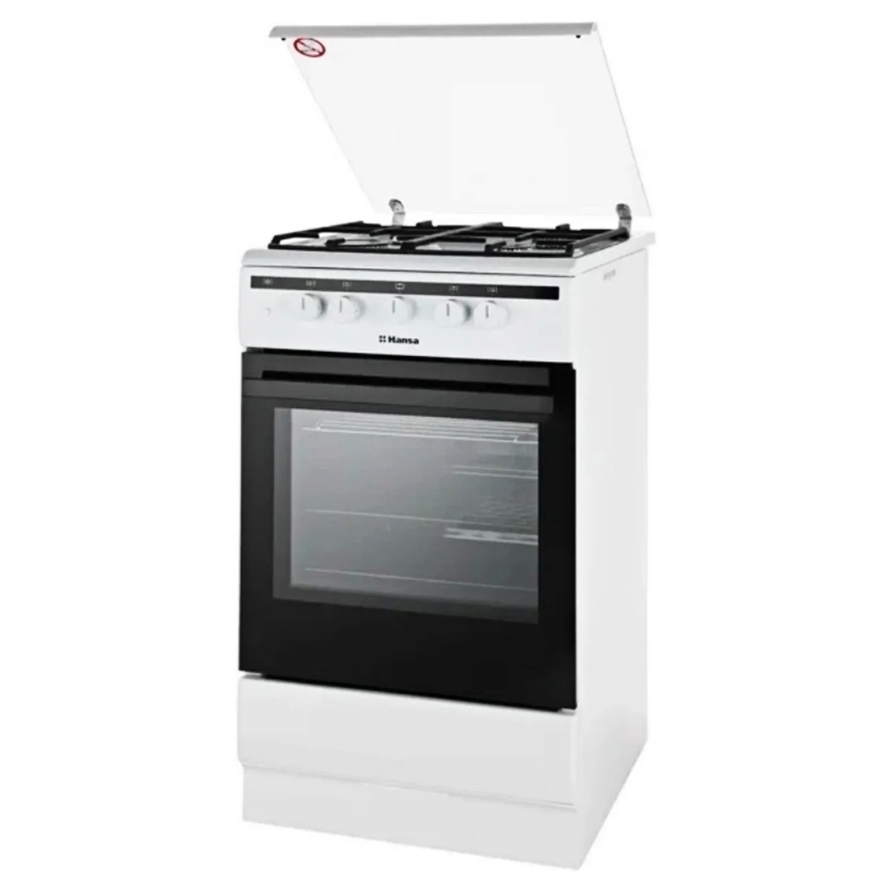 Плита газовая Hansa FCGW580977 (Белая / духовка - 70 л / 4 газовые конфорки / чугун. решетки / металл. крышка / газконтроль / эл.поджиг)-0