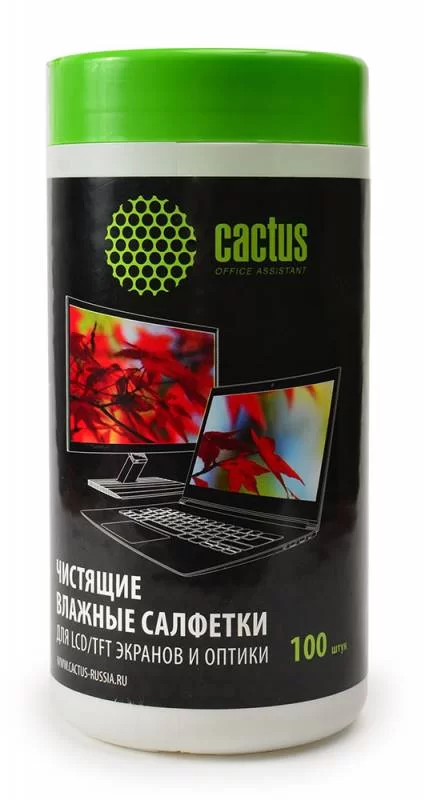 Чистящие салфетки в пластиковой тубе Cactus 100шт для  экранов и оптики  (CS-T1001)-0