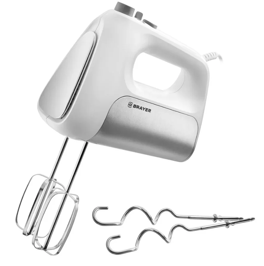 Миксер Brayer BR1303 (500 Вт/ ручной/ скоростей 5/ корпус нерж. сталь/ насадок 4 шт/ турборежим/ белый)-0