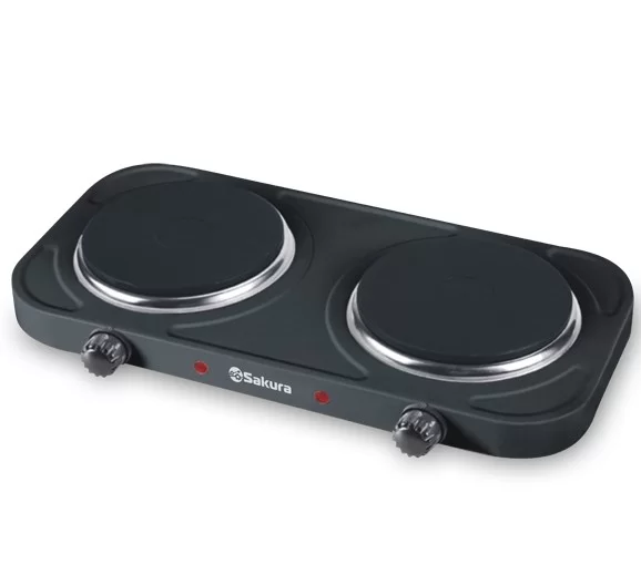 Плитка электрическая Sakura ПЭ-04В (2 конфорки/ чугун/ дисковый нагреватель/ мощность 2000 Вт/ черная)-0