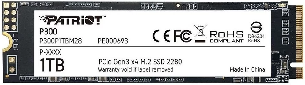 Жесткий диск SSD M.2 1 ТБ Patriot P300 NVMe PCI-E 3.0 x4, TLC, R2100/W1650 МБ/с, 2280, 320 TBW (P300P1TBM28)-0
