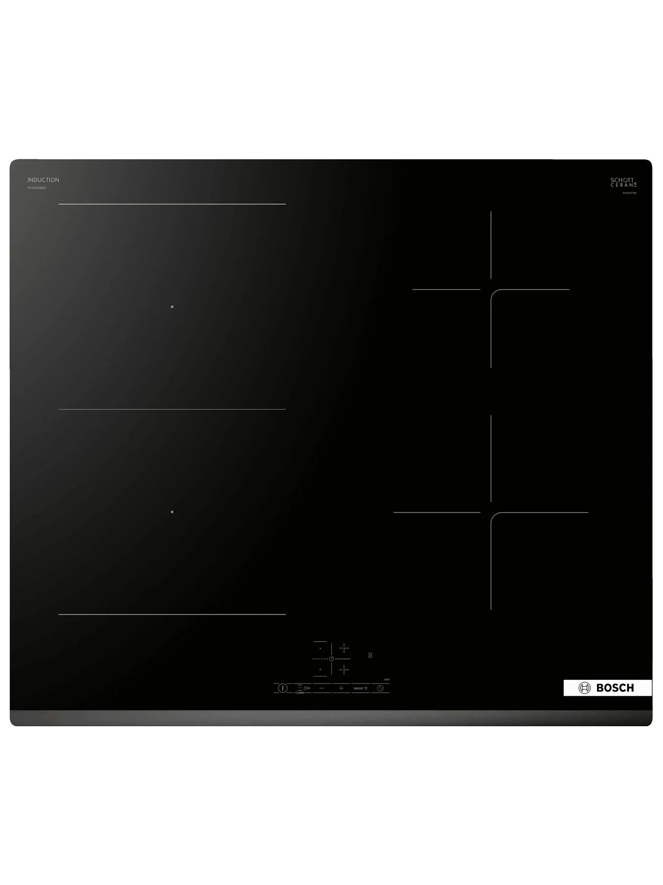 Поверхность индукционная Bosch PVS63KBB5E (Serie4 / Чёрная стеклокерамика / 4 конфорки / QuickStart/PowerBoost/ReStart /CombiZone / Таймер / 6,9 кВт)-0