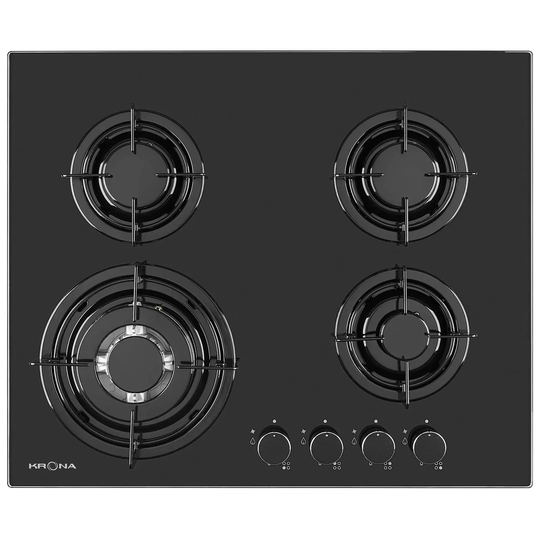 Поверхность газовая KRONA CORTESIA 60 BL (Чёрный / 4 конфорки /1,75 кВт / 1,75 кВт / 3,8 кВт WOK / 1 кВт / закаленное стекло)-0