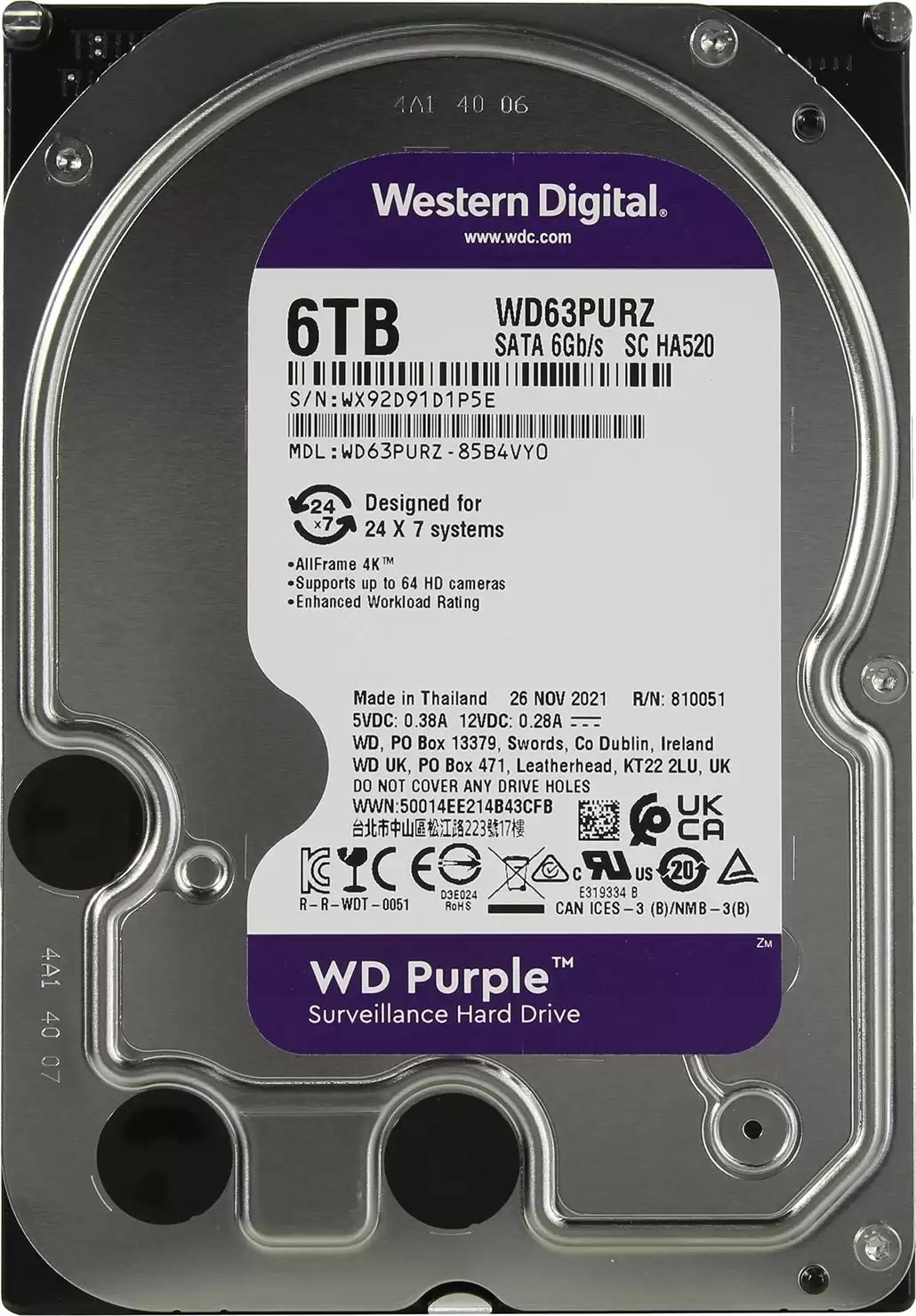 Жесткий диск  6000Gb WD 256Mb SATA WD63PURZ Purple  для систем наблюдения -0