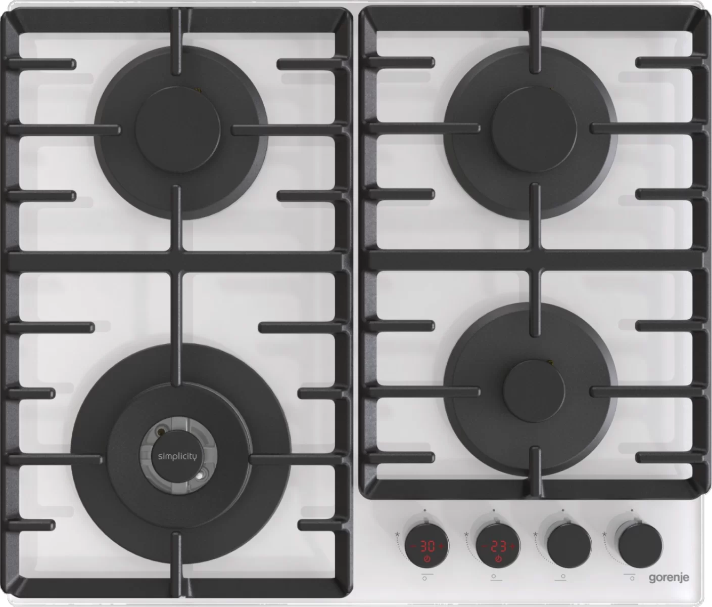 Поверхность газовая Gorenje GKTW642SYW (Simplicity 2.1 / Белое стекло / 4 конфорки / Чугунные решетки / Электроподжиг / Таймер)-0