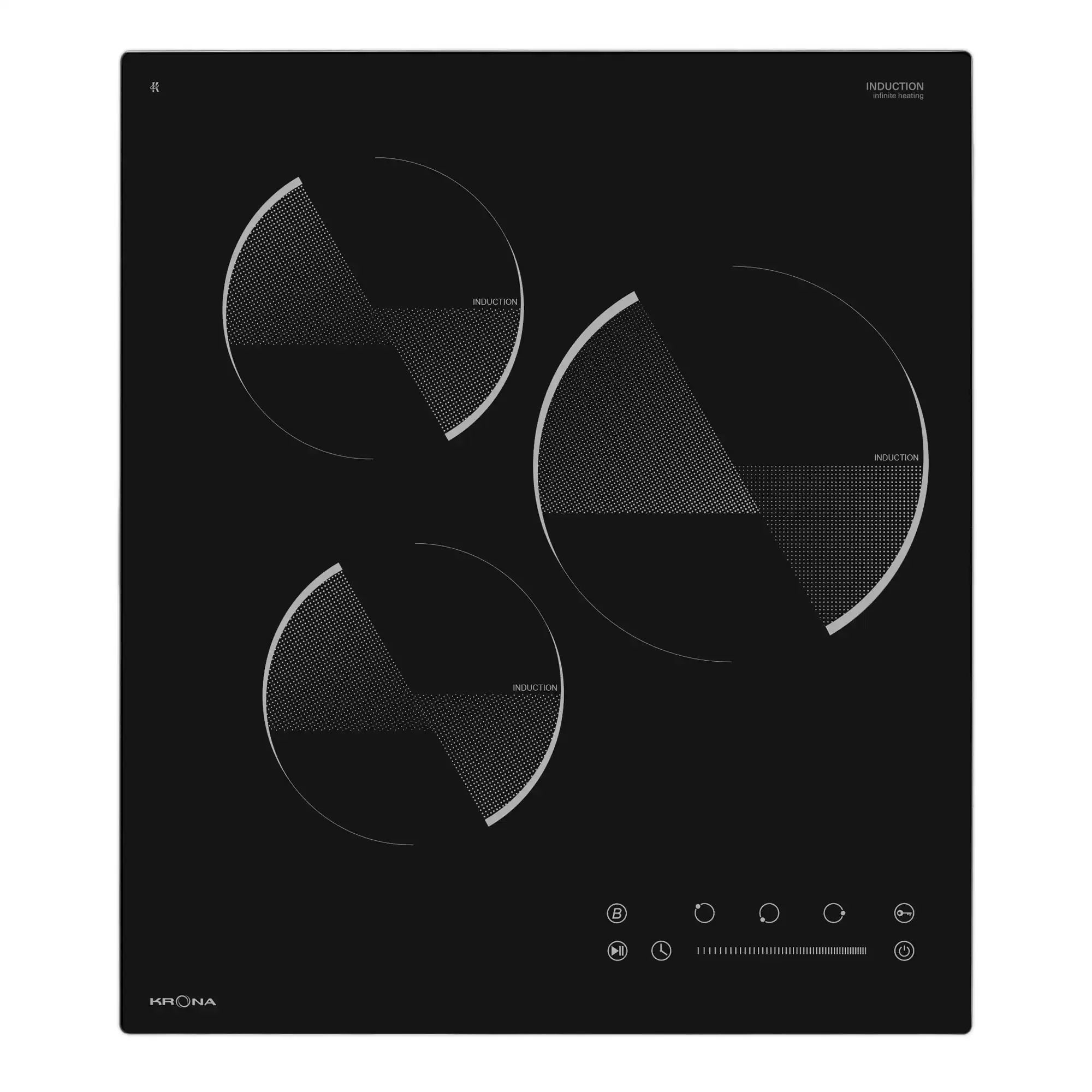 Поверхность индукционная KRONA OMBRA 45 BL (Узкая, 45 см / Чёрный / 3 конфорки / 1,5 кВт / 2,6 кВт / 1,5 кВт / стеклокерамика / STOP&GO / 4,9 кВт)-0