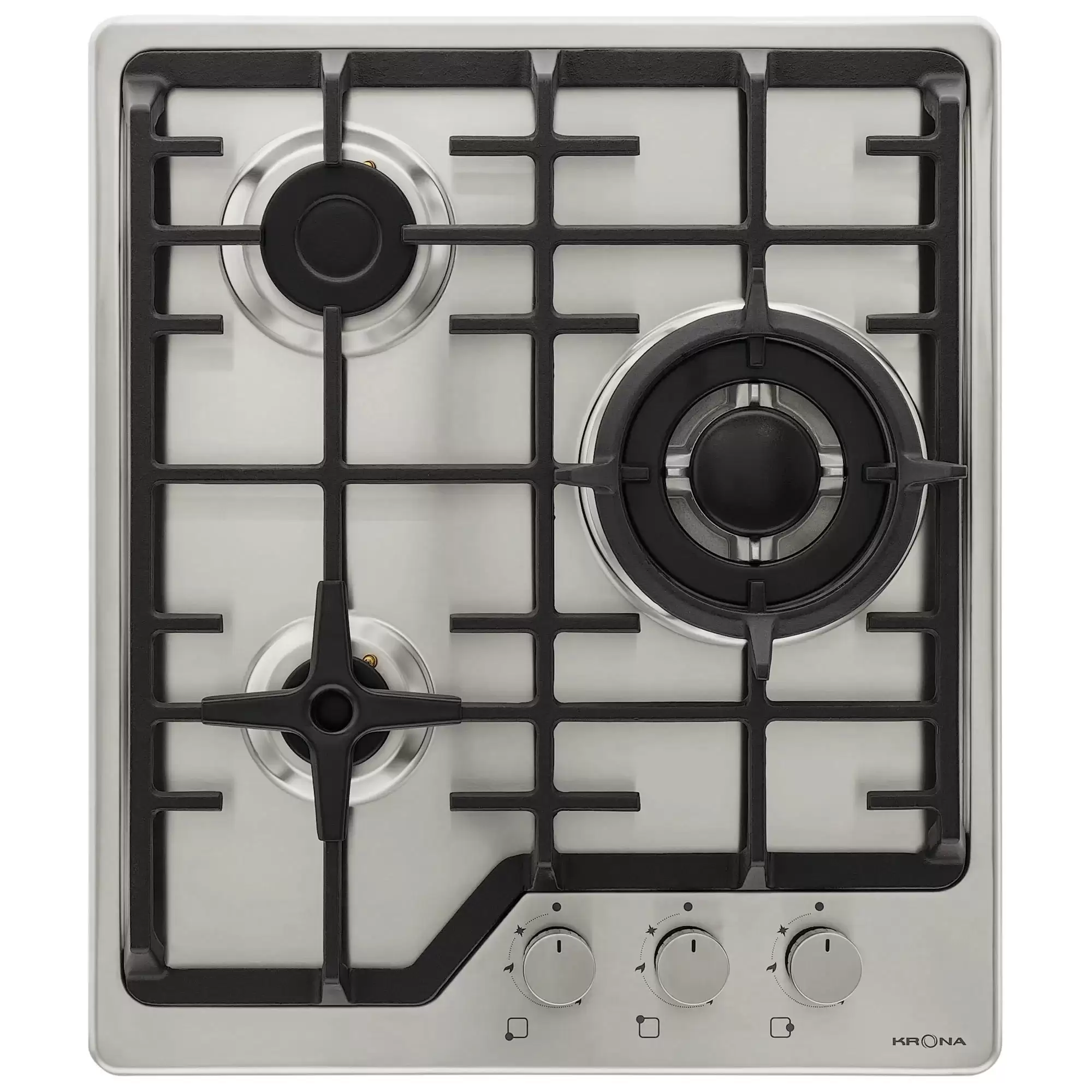 Поверхность газовая KRONA CORNIOLA 45 IX (Узкая, 45 см / Нерж. сталь / 3 конфорки /1,7 кВт / 3,8 кВт / 1 кВт / чугун. реш.)-0
