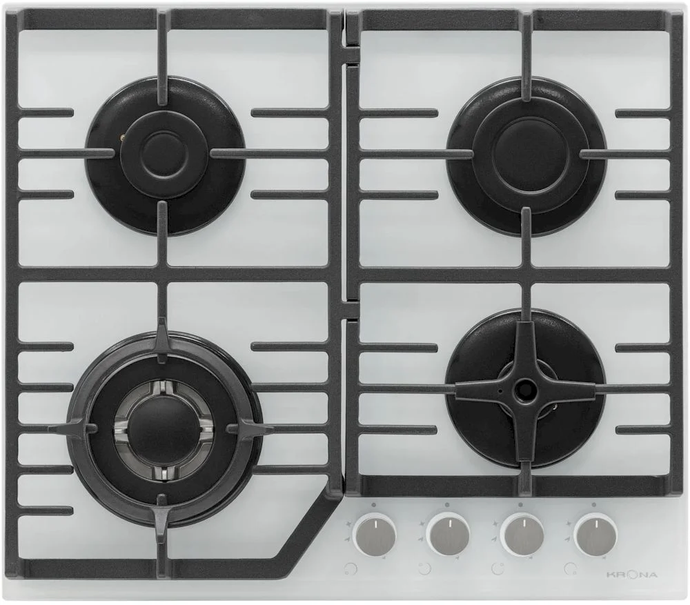 Поверхность газовая KRONA CORNIOLA 60 WH (Белый / 4 конфорки /1,7 кВт / 2,6 кВт / 3,8 кВт WOK / 1 кВт / закаленное стекло / чугун. реш.)-0
