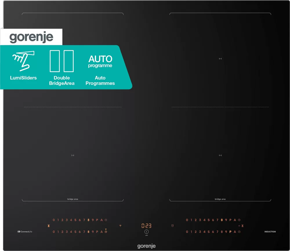 Поверхность индукционная Gorenje GI6443BSCWF (G800 / Черный / стеклокерамика / 4 конфорки (2,3/2,3/2,3/2,3 кВт) / BridgeZone*2 / Таймер / 7.36 кВ)-0