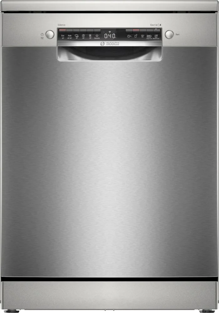 Машина посудомоечная отдельностоящая 60 см Bosch SMS4HVI02E (Serie4 / 14 комплектов / 3 полки / Расход воды - 9 л / HomeConnect / AntiFinger Silver)-0