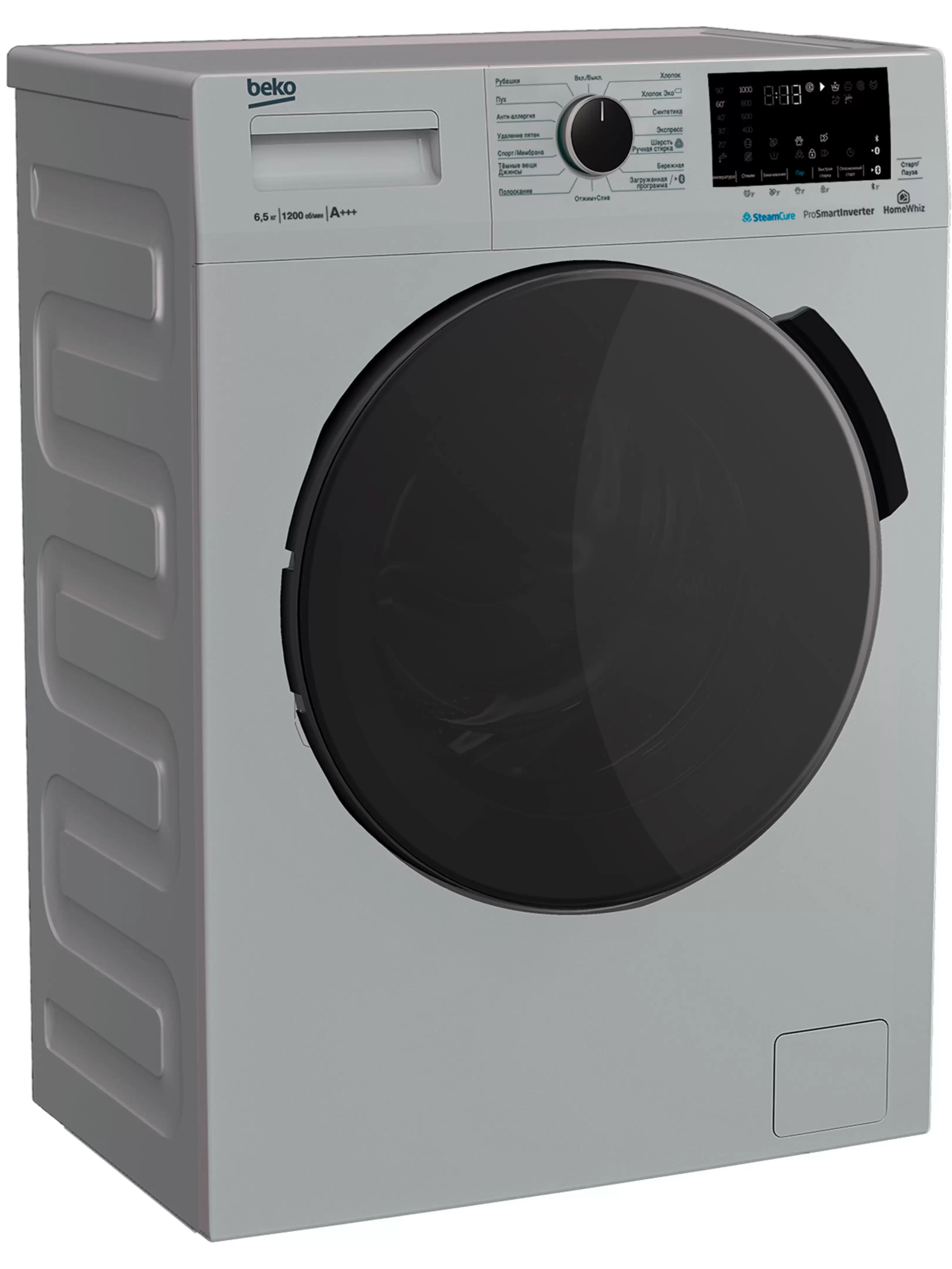 Стиральная машина Beko WSPE6H616S (40-44см / 6,5кг / 1200об / пар SteamCure / HomeWhiz®(Bluetooth) / Инверторный мотор ProSmart™ / Серебристый / A+++)-1