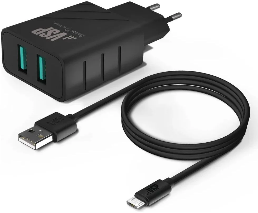 Сетевое зарядное устройство Borasco, (2*USB/2,4A + кабель micro-USB, 1м), Черное-0