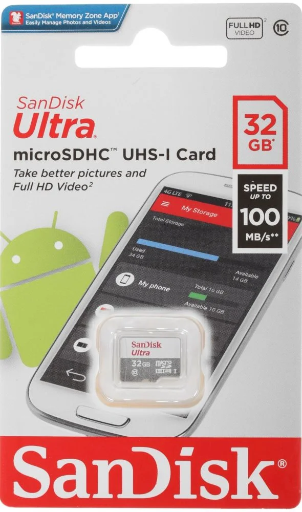Память micro Secure Digital Card  32Gb class10 SanDisk 100MB/s Ultra  UHS-I  /SDSQUNR-032G-GN3MN/-0
