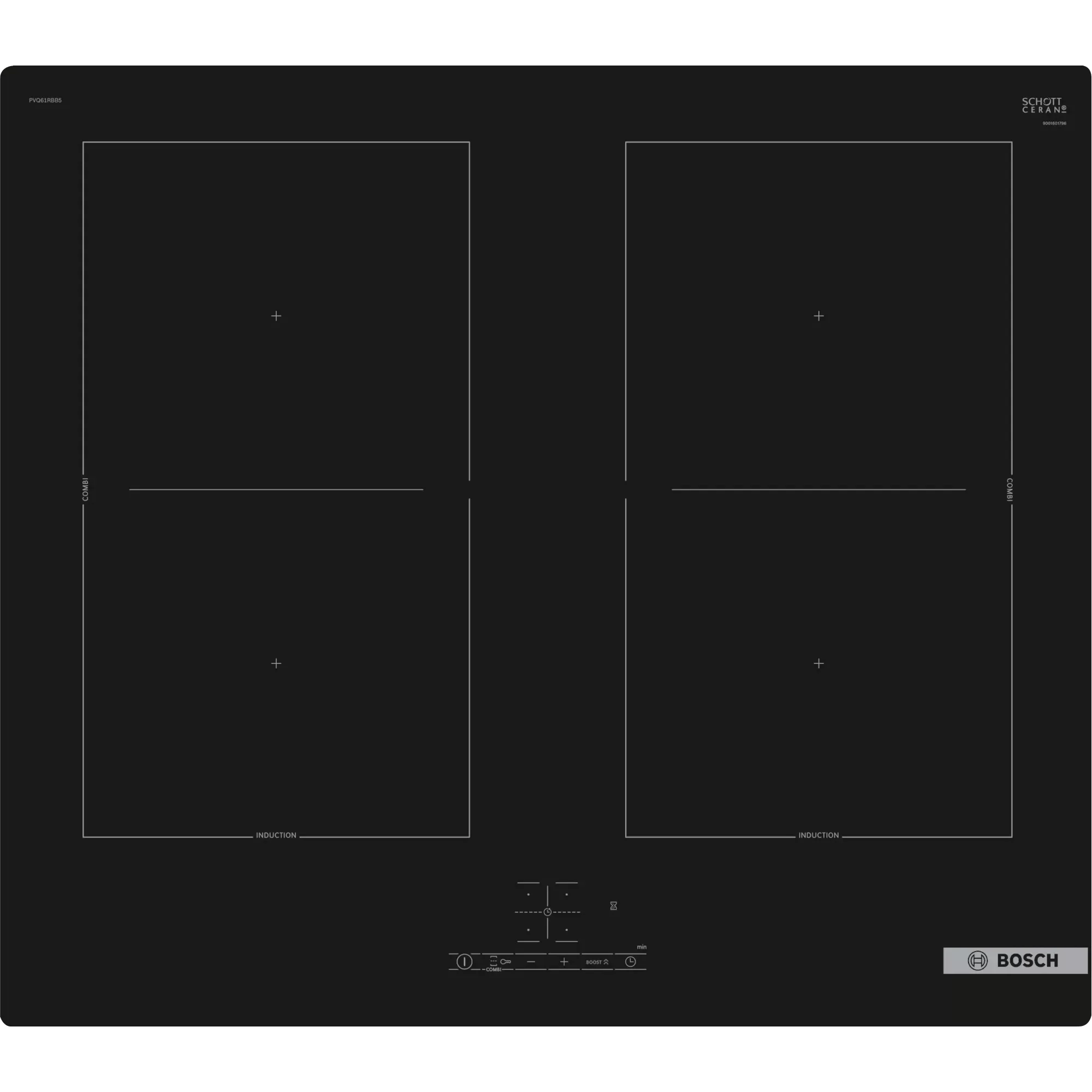 Поверхность индукционная Bosch PVQ61RBB5E (Serie6 / Чёрная стеклокерамика / 4 конфорки / QuickStart /PowerBoost /ReStart/ CombiZone /Таймер / 7,4 кВт)-1