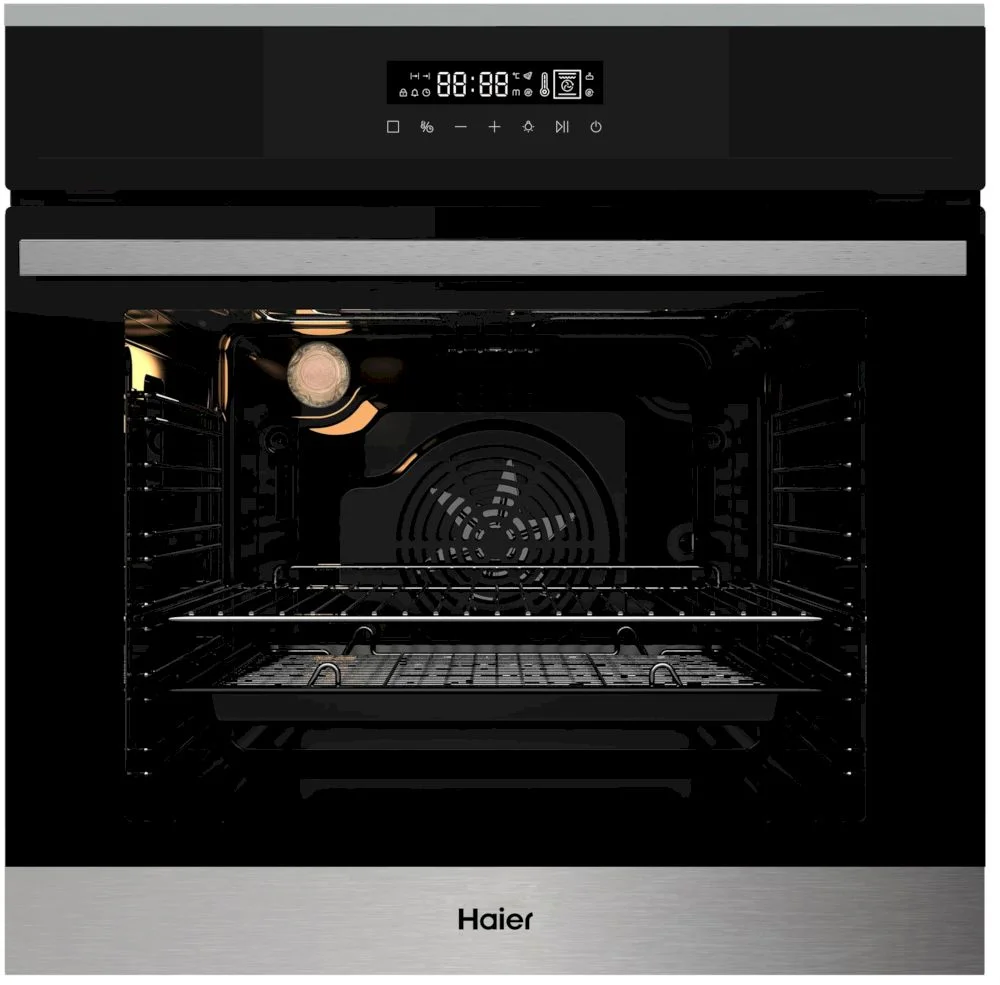 Духовой шкаф Haier HOX-FP3ABX (76 л / Чёрное стекло+нерж.сталь / Гриль / Телескоп.напр.(x1) / Эмаль легкой очистки / Air Fry / A)-0