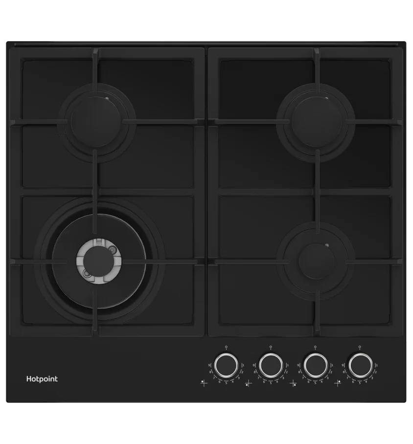 Поверхность газовая Hotpoint HGS 62F/BK (Чёрное стекло /чугун. решетки /4 конфорки(1,75/1,0/1,75/5 кВт) /WOK/ Flame Control / газконтр. / электропод.)-0