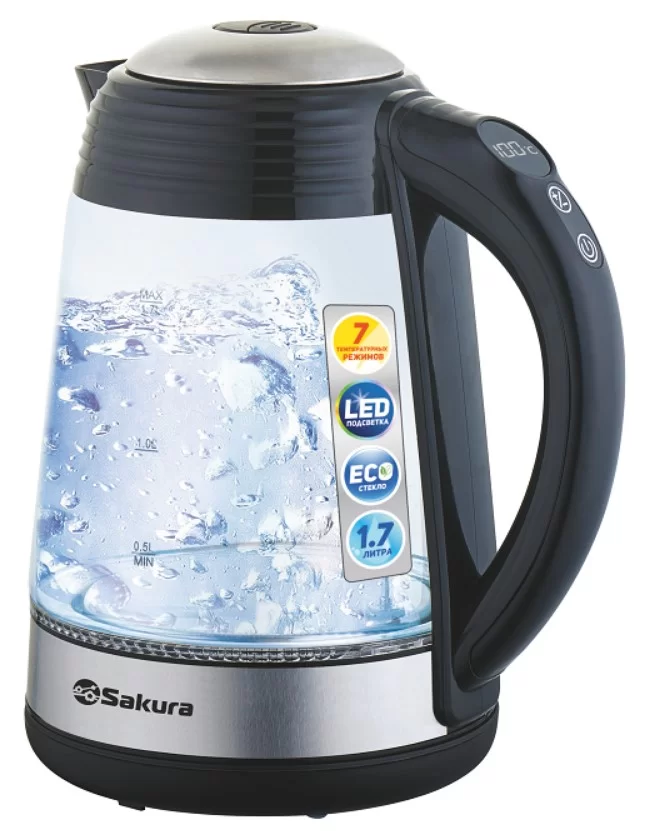 Чайник Sakura SA-2729DBK (2200 Вт / 1,7 л / стекло / металл / контроль температуры)-0