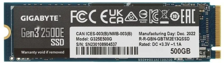 Жесткий диск SSD M.2 500 ГБ Gigabyte G325E500G PCI-E 3.0 x4, TLC, R2300/W1500 МБ/с, 2280, 120 TBW (G325E500G)-0
