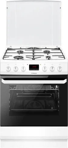Плита комбинированная Hansa FCMW68299 (Белый / духовка - 62 л / 4 газовые конфорки / чугунная решетка / металл. крышка / электроподж. / газконтроль)-0