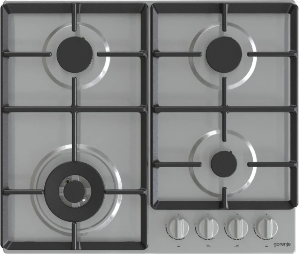 Поверхность газовая Gorenje GW641EX (Essential / Нерж. / нержавеющая сталь / Чугунные решетки / BigSurface / WOK)-0