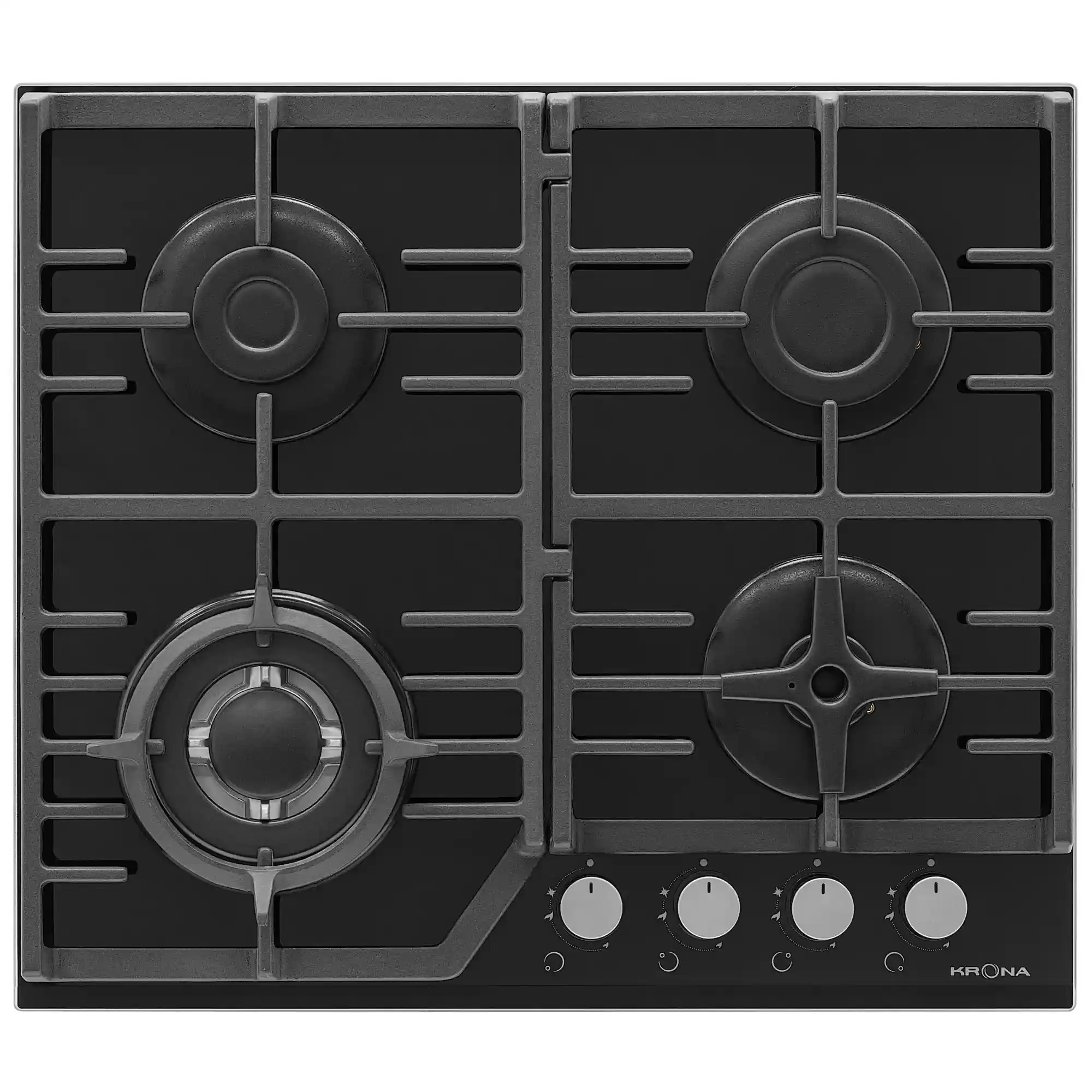 Поверхность газовая KRONA CORNIOLA 60 BL (Чёрный / 4 конфорки /1,7 кВт / 2,6 кВт / 3,8 кВт WOK / 1 кВт / закаленное стекло / чугун. реш.)-0