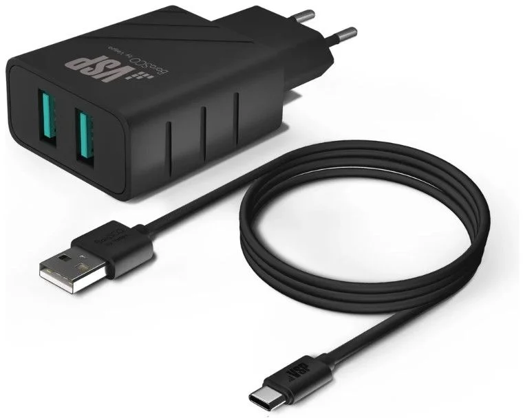 Сетевое зарядное устройство Borasco, (2*USB/2,4A + кабель Type-C, 1м), Черное-0