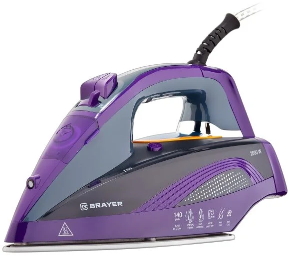 Утюг Brayer BR4001 черный/фиолетовый (2600 Вт/ подошва - керамика / паровой удар - 140 г/мин/ 1,9 м/ автоотключение)-0