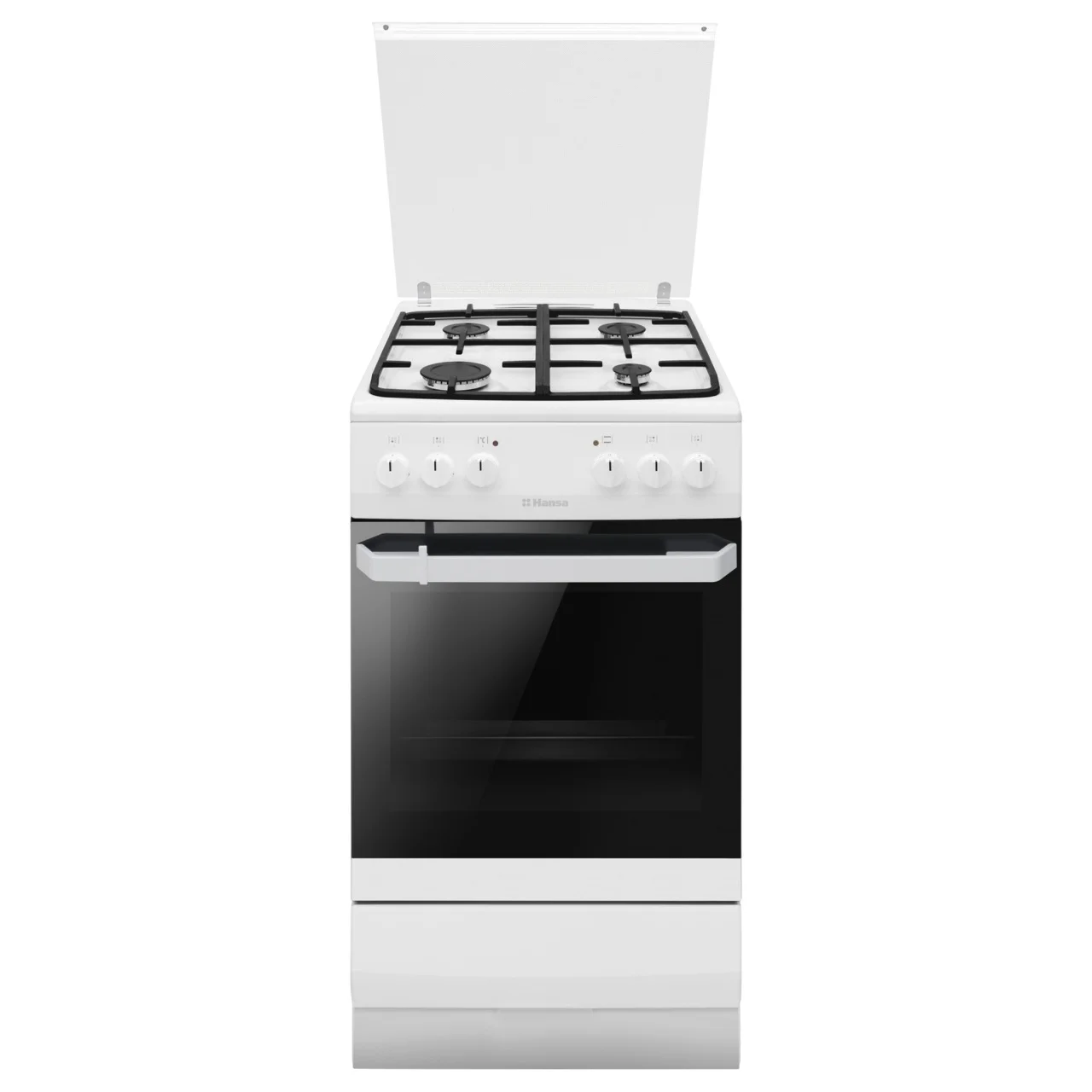 Плита комбинированная Hansa FCMW58077 (Белый / духовка - 62 л / 4 газовые конфорки / чугунная решетка / стекл. крышка / электроподж.)-0