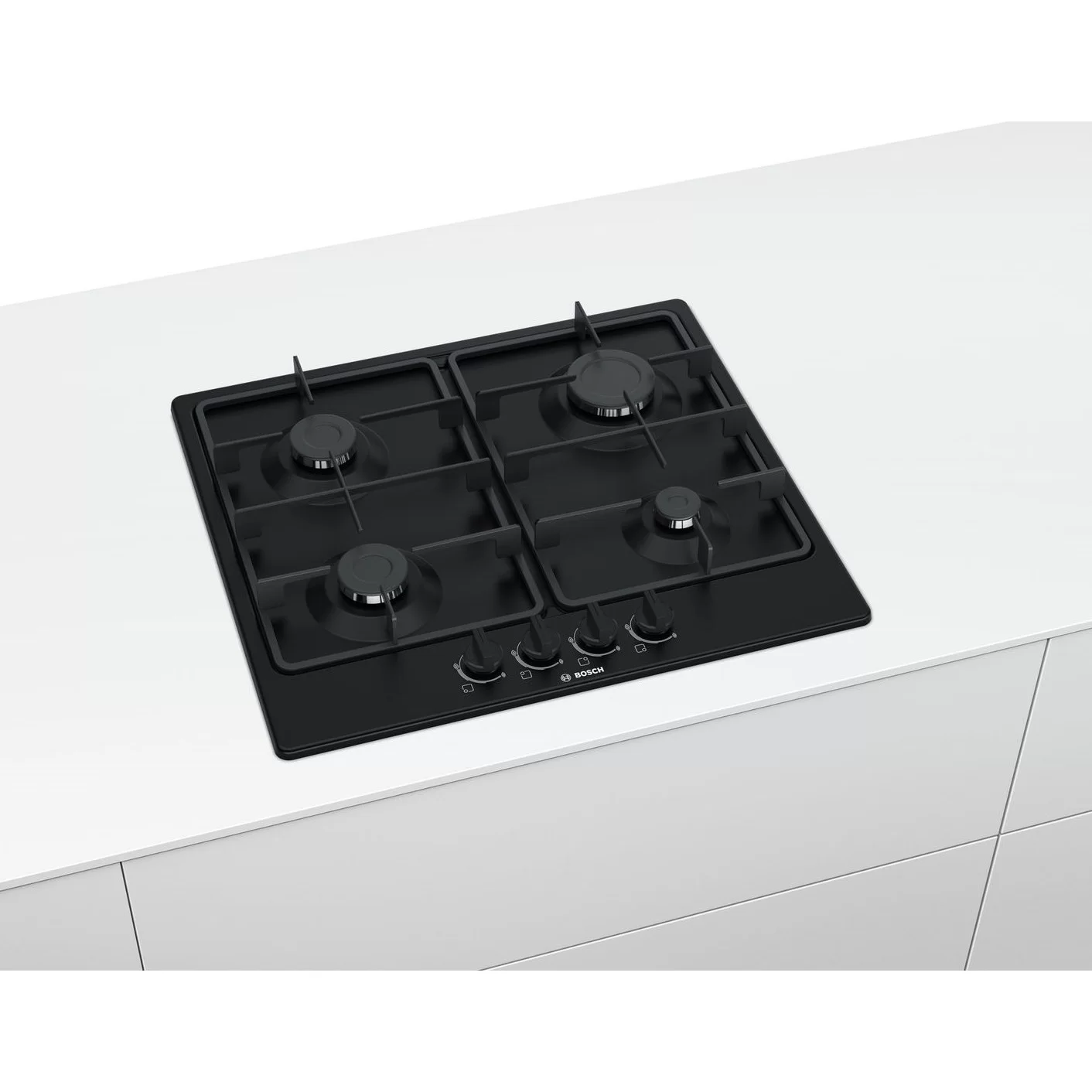 Поверхность газовая Bosch POH6B6B10 (Serie2 / Чёрное стекло / Стальные решетки / Газ-контроль / Электроподжиг / WOK / 4 конфорки)-1
