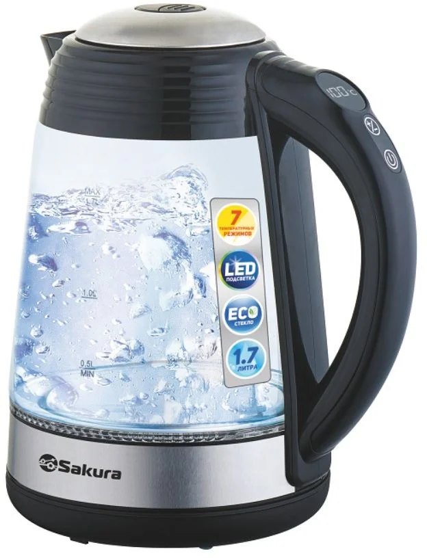 Чайник Sakura SA-2729DBK (2200 Вт / 1,7 л / стекло / металл / контроль температуры)-0