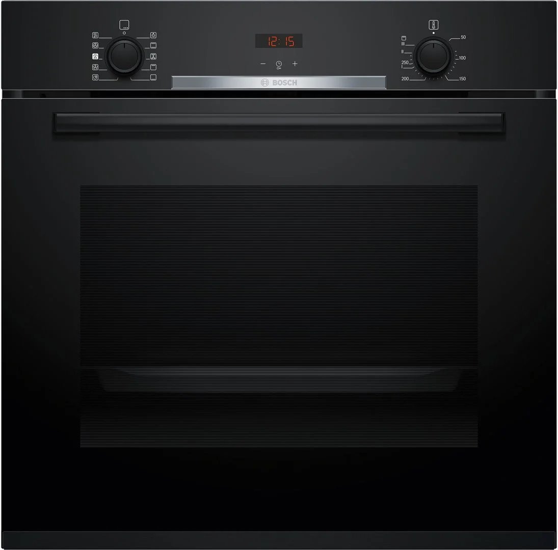 Духовой шкаф Bosch HQA334EB4 (Serie4 / 71 л / до 275 °C / Чёрное стекло / Гриль / телескоп. направляющие(x1) / EcoClean Direct / SoftClose / HotAir)-0