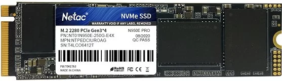 Жесткий диск SSD M.2 250GB Netac N950E Pro кэш - 256 Мб R3000/W1300Mb/s  PCI-E 3.0 x4  2280  NT01N950E-250G-E4X 200 TBW-0
