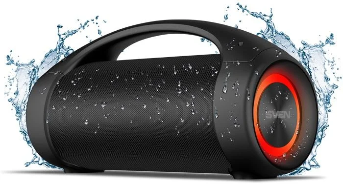 Беспроводная портативная колонка SVEN PS-370 / 40W / TWS / microSD / USB / FM / Bluetooth / IPx5 / Батарея 2*3600mAh / Подсветка / Чёрный / пластик-0