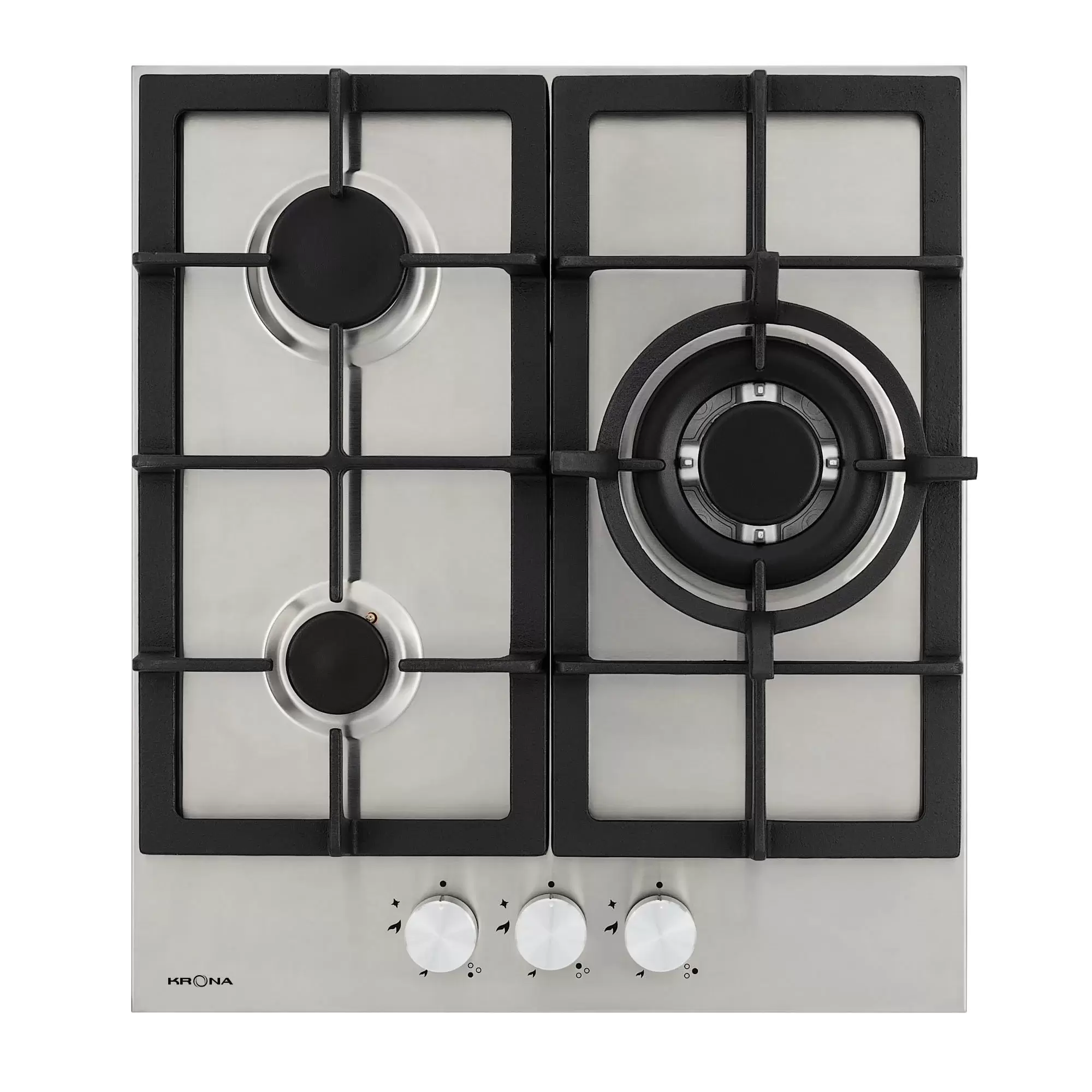 Поверхность газовая KRONA TORDO 45 IX (Узкая, 45 см / Нерж. сталь / 3 конфорки / 1,75 кВт / 3,8 кВт WOK / 1 кВт / чугун. реш.)-0