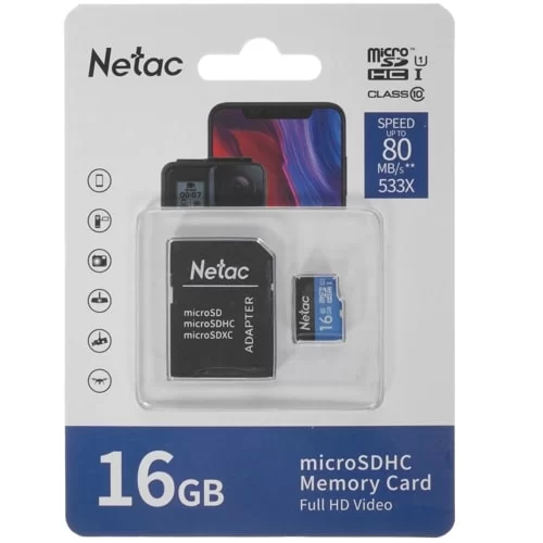 Память micro Secure Digital Card  16Gb class10 Netac / c адаптером SD / NT02P500STN-016G-R/-0