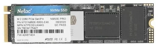 Жесткий диск SSD M.2 500GB Netac N950E Pro кэш - 512 Мб R3500/W2200Mb/s  PCI-E 3.0 x4  2280  NT01N950E-500G-E4X 400 TBW-1
