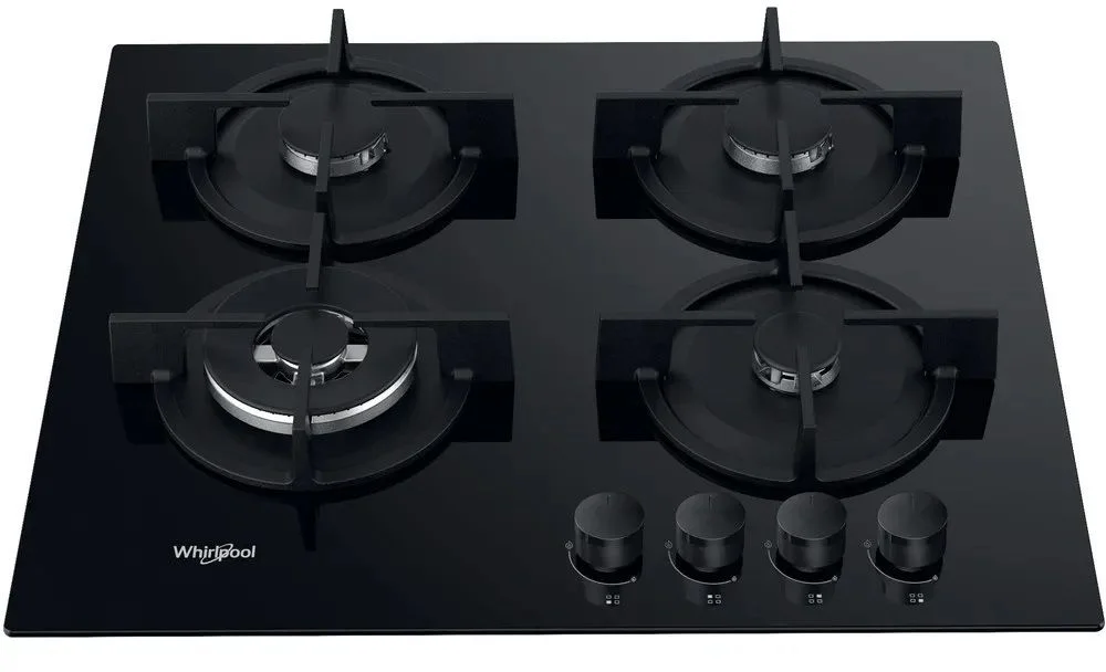 Поверхность газовая Whirlpool GOR 625/NB1 (Чёрная / 4 конфорки / Чугунные решетки / Закаленное стекло / Электроподжиг / Газ контроль)-0