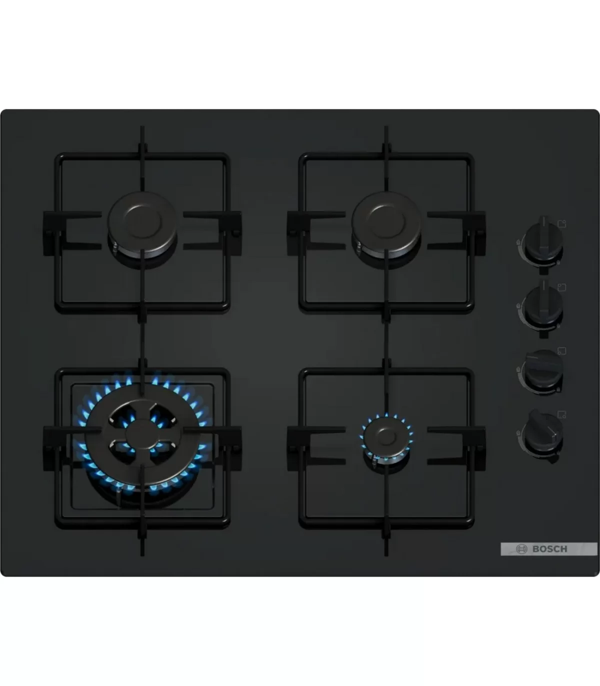 Поверхность газовая Bosch POH6B6K30 (Serie2 / Чёрное стекло / Стальные решетки / 4 конфорки (1,0/1,75/1,75/3,3кВт WOK) / Газ-контроль / Электроподжиг)-0