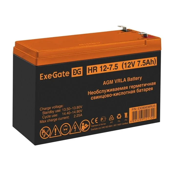 Батарея 12V/ 7,5Ah ExeGate HR 12-7.5 1228W, клеммы F2 Срок службы 8 лет EX285638RUS-0