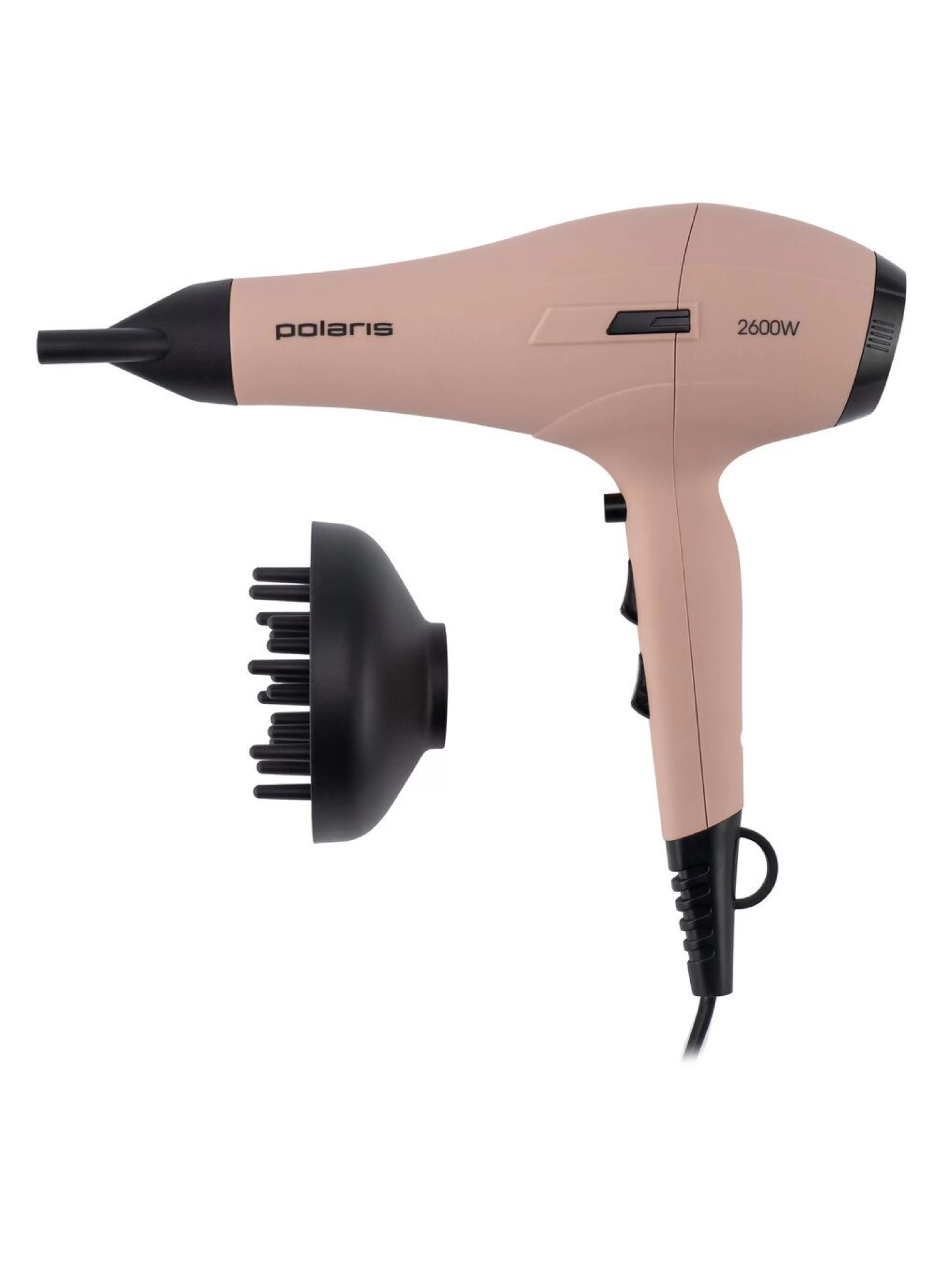 Фен Polaris PHD 2600AСi (полноразмерный/ 2600 Вт / 3 режима / холодный воздух / шнур - 3 м / ионизация/ диффузор / концентратор / розовый пепел)-1